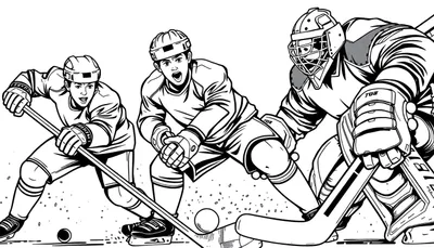 Dessin au trait noir et blanc d'un match de hockey sur glace, prêt pour un coloriage.