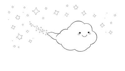 Un nuage mignon au trait noir et blanc, avec des joues roses, un grand sourire, de grands yeux et une traînée d'étoiles, entouré d'étoiles et de points.