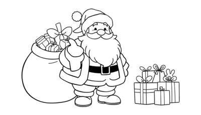 Le Père Noël de dessin animé en noir et blanc avec une hotte remplie de cadeaux, un color panel.