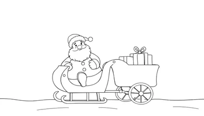Dessin au trait du Père Noël dans son traîneau prêt à livrer des cadeaux. Ce color panel montre un Père Noël souriant avec une barbe, un traîneau rempli de cadeaux et tiré par des patins.