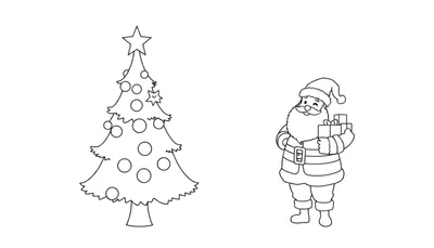 Dessin au trait du Père Noël tenant un cadeau à côté d'un sapin de Noël décoré, sur un panneau de couleur.