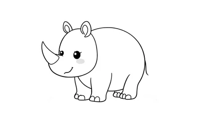 Un dessin au trait de style dessin animé d'un rhinocéros blanc avec une corne, de grands yeux ronds et un sourire, prêt à être colorié.
