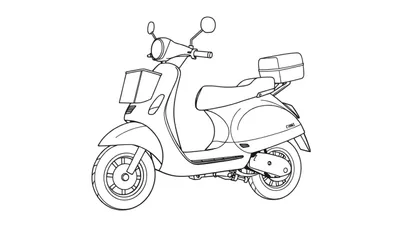 Un scooter dessiné au trait, vu de côté, style Vespa, avec un panier avant et un coffre arrière.