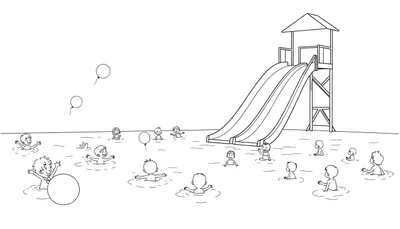 Un toboggan coloré dans une piscine avec des enfants jouant dans l'eau, un color panel de joie aquatique.