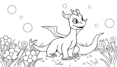 Dessin de Spyro le dragon jouant avec des bulles dans un pré fleuri, prêt pour le color panel.