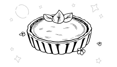 Dessin en noir et blanc d'une tarte avec des feuilles et des étoiles, montrant un color panel stylisé.