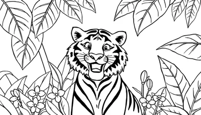 Un dessin au trait d'un tigre joyeux entouré de feuillage luxuriant, prêt à être coloré, un color panel.