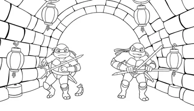 Dessin en noir et blanc de deux Tortues Ninja se tenant de chaque côté d'une arche en pierre, épées brandies, avec des lanternes au plafond.