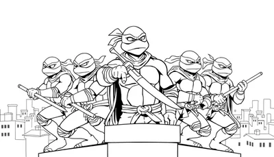 Tortues Ninja adolescentes mutantes sur un immeuble de la ville, prêtes à l'action, avec des katanas et des bâtons.