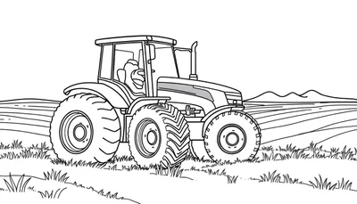 Dessin au trait d'un tracteur rouge dans un champ prêt à être colorié.