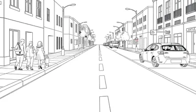 Une scène de rue en noir et blanc avec des piétons, des voitures garées et un bus, avec des immeubles et des réverbères.