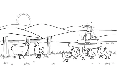 Un fermier prépare le petit-déjeuner à la ferme avec des poulets et un mouton.
