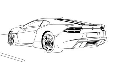 Dessin au trait noir et blanc d'une voiture de sport vue de l'arrière, un color panel prêt à être coloré.