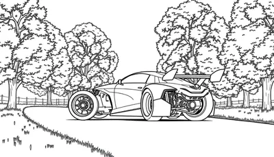 Une voiture de course futuriste en noir et blanc, prête à être coloriée comme une assiette de coloriage.
