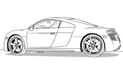 Dessin au trait d'une voiture de sport élégante, style Audi R8, prête à être coloriée avec des détails de roues et de feux arrière.