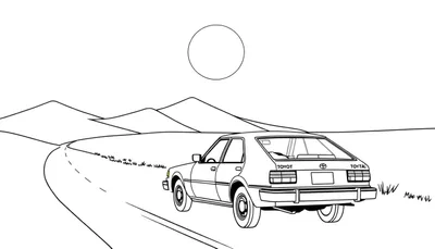 Dessin au trait d'une voiture Toyota vintage dans un paysage désertique, prête à être colorée.