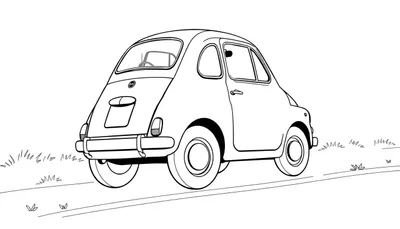 Une voiturette de dessin animé noir et blanc vue de l'arrière, prête à être coloriée.