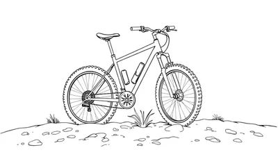 Un vélo de montagne noir et blanc détaillé, prêt pour l'aventure, avec des pneus robustes et une suspension avant, sur un terrain caillouteux.