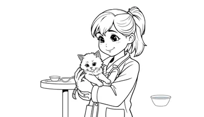 A young girl, a careful animal doctor, holds a cat. This colour plate shows her blonde ponytail and white lab coat. A stethoscope dangles around her neck. She smiles at the cat, who looks back.