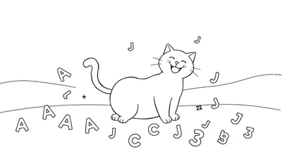 Coloriage d'un chat dessin animé heureux entouré de lettres et de chiffres.