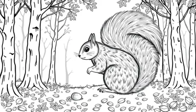 Page de coloriage d'un écureuil assis parmi des arbres et des feuilles d'automne.