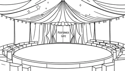 Dessin au trait noir et blanc d'un intérieur de tente de cirque avec scène, entrée 'PERFORMER GATE' et gradins.