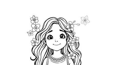 Coloriage d'une jeune fille joyeuse avec de longs cheveux, un collier de perles et des fleurs.