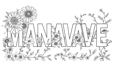 Dessin au trait d'une page de coloriage avec le mot 'MANAVAVE' écrit en grosses lettres ornées de fleurs et de feuilles.
