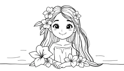 Dessin au trait noir et blanc d'une petite fille souriante aux longs cheveux ornés de fleurs, entourée de fleurs et de lignes évoquant l'eau, page de coloriage.