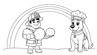 Dessin en noir et blanc d'un garçon pompier et d'un chien chef cuisinier sous un arc-en-ciel, prêt à être colorié.