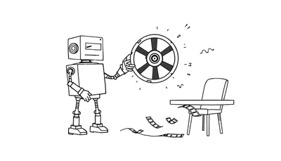 Dessin au trait noir et blanc d'un robot minimaliste avec une roue brillante et des pellicules de film.