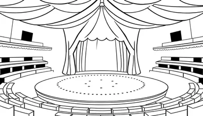 Dessin au trait noir et blanc d'une scène de spectacle circulaire avec des gradins, des loges, des rideaux ouverts et des drapés.