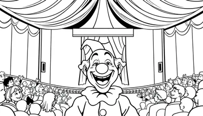 Illustration en noir et blanc d'un coloriage: un clown joyeux avec un gros nez rond et une collerette est au centre d'une scène de spectacle, devant des rideaux de cirque. Une foule d'adultes et d'enfants souriants et applaudissant est visible sur les côtés.
