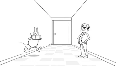 Coloriage d'un couloir avec un personnage rapide portant un gâteau d'anniversaire et un homme fâché.