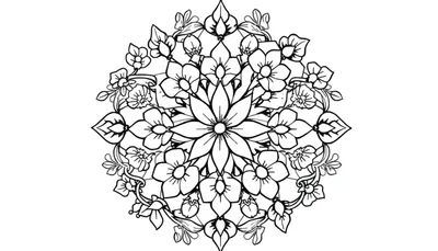 Coloriage d'un mandala floral symétrique, avec une grande fleur au centre entourée de motifs végétaux.