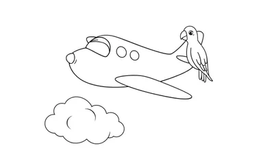 Dessin au trait noir et blanc d'un avion avec un perroquet sur la queue et un nuage.