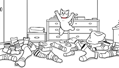 Coloriage d'un chat blanc espiègle avec un collier rouge sautant devant une commode, avec de nombreuses chaussettes sur le sol et d'autres meubles dans la pièce.