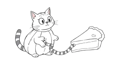 Coloriage d'un chat blanc avec une queue rayée tirant sur une part de tarte avec un cœur dessus.