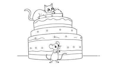 Coloriage d'un chat sur un gâteau avec une souris