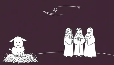 Illustration de coloriage avec un agneau blanc, trois personnes en robes et hijabs blancs, et une étoile filante sur fond violet.