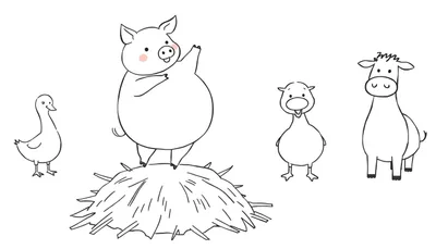 Coloriage d'un cochon rose sur du foin, avec un canard, une oie et un cheval autour.