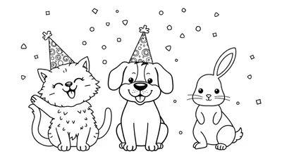 Coloriage d'un chat, d'un chien et d'un lapin célébrant une fête avec des chapeaux et des confettis.