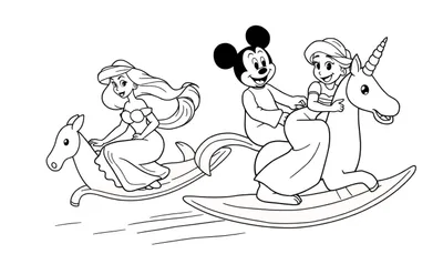 Coloriage de Ariel, Mickey Mouse et une princesse sur des jouets à bascule.