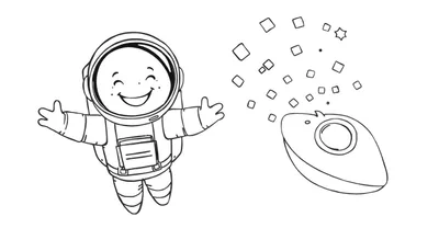Dessin en noir et blanc d'un astronaute de dessin animé joyeux avec les bras ouverts, flottant dans l'espace à côté d'une petite soucoupe volante avec des effets de mouvement.