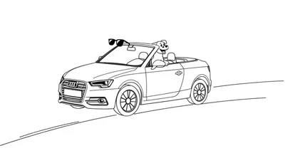 Coloriage d'une voiture décapotable Audi avec un chien souriant sur le siège passager.