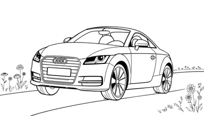 Dessin au trait noir et blanc d'une voiture de sport Audi TT pour coloriage, vue de face et de trois quarts, avec des fleurs et des herbes sur les côtés.