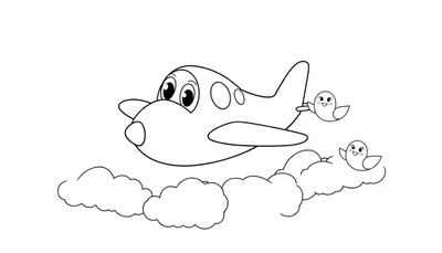 Coloriage d'un avion de dessin animé souriant avec des yeux, volant dans le ciel avec deux oiseaux, au-dessus des nuages.
