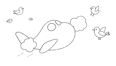 Dessin au trait noir et blanc d'un avion avec des nuages stylisés sortant des moteurs et quatre petits oiseaux volant autour. Style enfantin et joyeux.