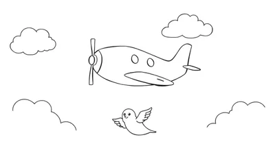 Dessin au trait noir et blanc d'un avion avec hélice et d'un oiseau souriant volant parmi des nuages. Coloriage pour enfants.
