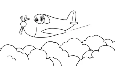 Dessin au trait d'un avion sympathique souriant volant dans un ciel nuageux, prêt à être colorié.